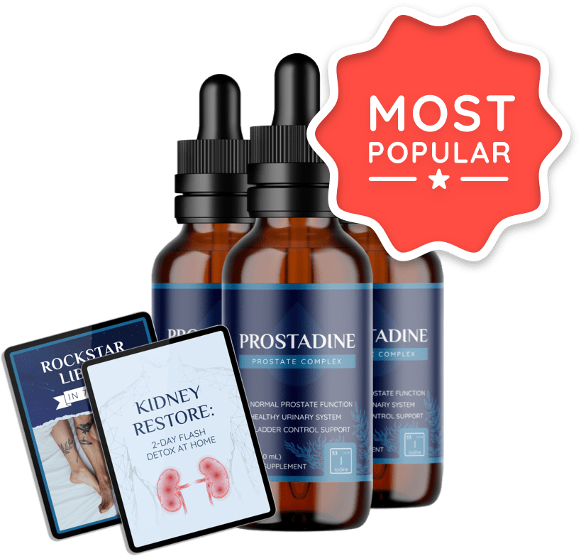 Three bottle pack of Prostadine prostate complex with kidney restore and rockstar libido bonus eBooks
