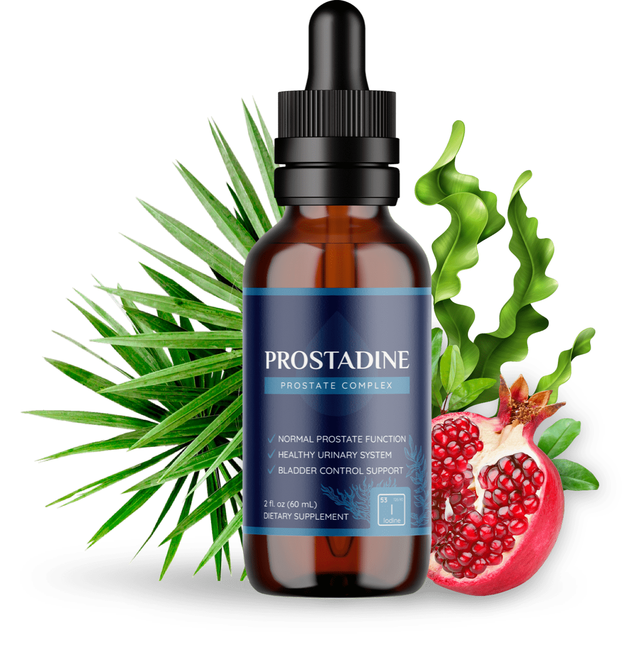 Prostadine prostate complex liquid supplement bottle with saw palmetto and pomegranate ingredients