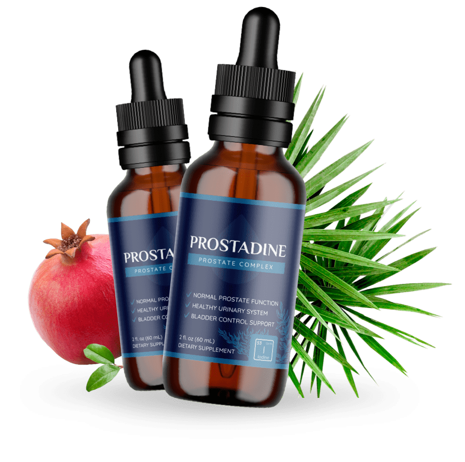 Prostadine bottle with saw palmetto leaves and pomegranate fruit ingredients
